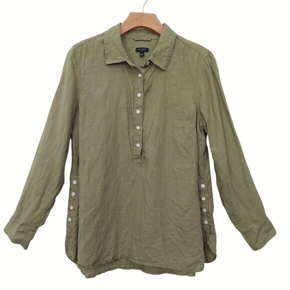 Talbots Tunic Top Womens Large Petite Green Linen Roll Tab Sleeve Beach Coastal - Picture 1 of 10